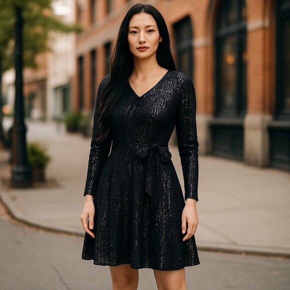 NWOT Nanette Lepore Sequin Long Sleeve Tiered Dress Black - Picture 1 of 6